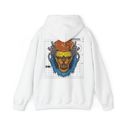 Elegant white hoodie featuring a stunning cyberpunk lion back print, showcasing intricate details with vibrant colours and futuristic elements, perfect for fashion enthusiasts.
