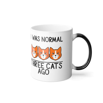 Stylish angle of the "I Was Normal 3 Cats Ago" Colour Morphing Mug displaying charming cat designs, ideal for brightening any cat lover's day.