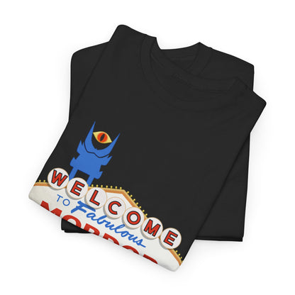 Luxury graphic t-shirt featuring the design 'Welcome To Fabulous Mordor', showcasing a striking blue Eye of Sauron with vintage Las Vegas aesthetics, perfect for fashion-forward fans of fantasy.