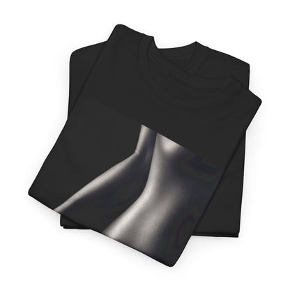 Luxurious black graphic t-shirt featuring an artistic grayscale image of a woman's silhouette, highlighting elegance and playful sensuality.