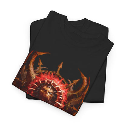 Sophisticated unisex graphic tee beautifully folded, featuring a Warhammer-themed design with a striking red shield and gothic elements, perfect for stylish expression in fantasy fashion.