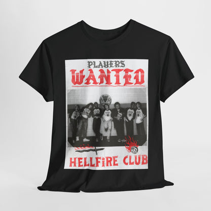 Luxurious black unisex t-shirt featuring a striking vintage Hellfire Club graphic with the words 'PLAYERS WANTED' in bold red lettering, indicative of the iconic Stranger Things series.