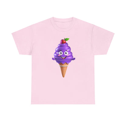 Scoop of Joy: Cartoon Ice Cream Cone Character Tee in soft pink, showcasing a delightful purple ice cream character that radiates happiness and charm, designed for luxurious comfort.