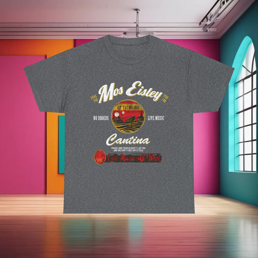 Luxury Star Wars Mos Eisley Cantina Graphic T-Shirt displayed in a vibrant urban setting, showcasing unique design and premium comfort.