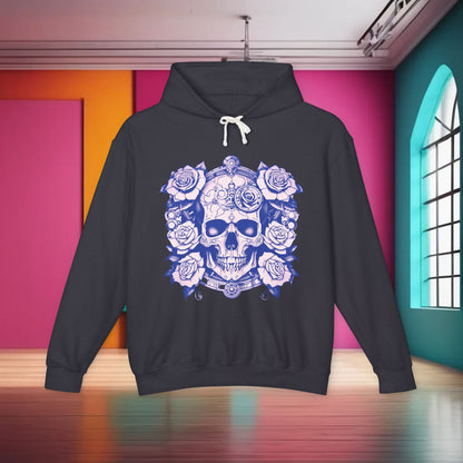 Upscale Steampunk Skull Roses Lightweight Hoodie featuring a unique skull and roses print, presented in a vibrant indoor space, ideal for contemporary street fashion.