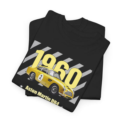 Stacked Aston Martin DB4 GT Zagato Men’s T-Shirts in black, featuring a prominent yellow graphic of the 1960 car design, showcasing luxury and automotive heritage.