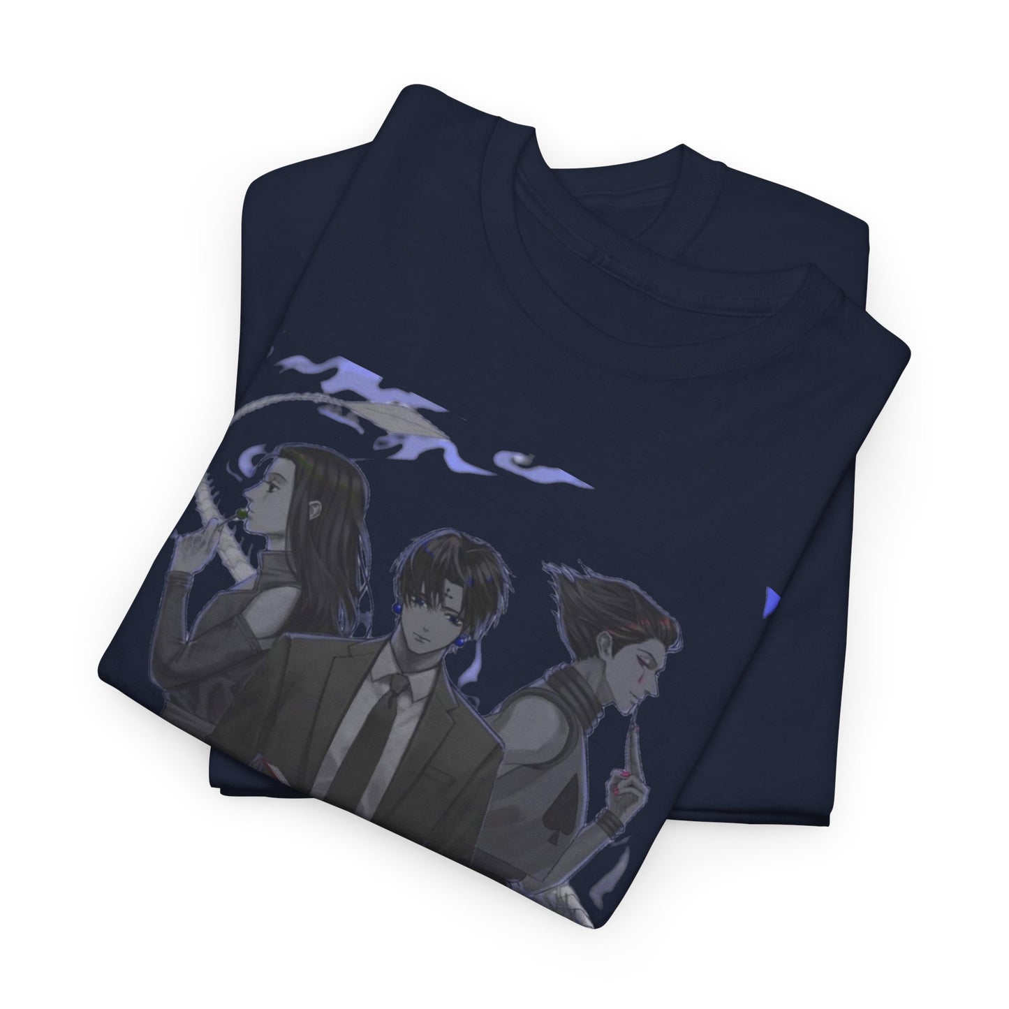Luxurious folded Hunter x Hunter Phantom Rouge T-shirt displaying iconic anime characters in a striking grayscale design, ideal for stylish layering.