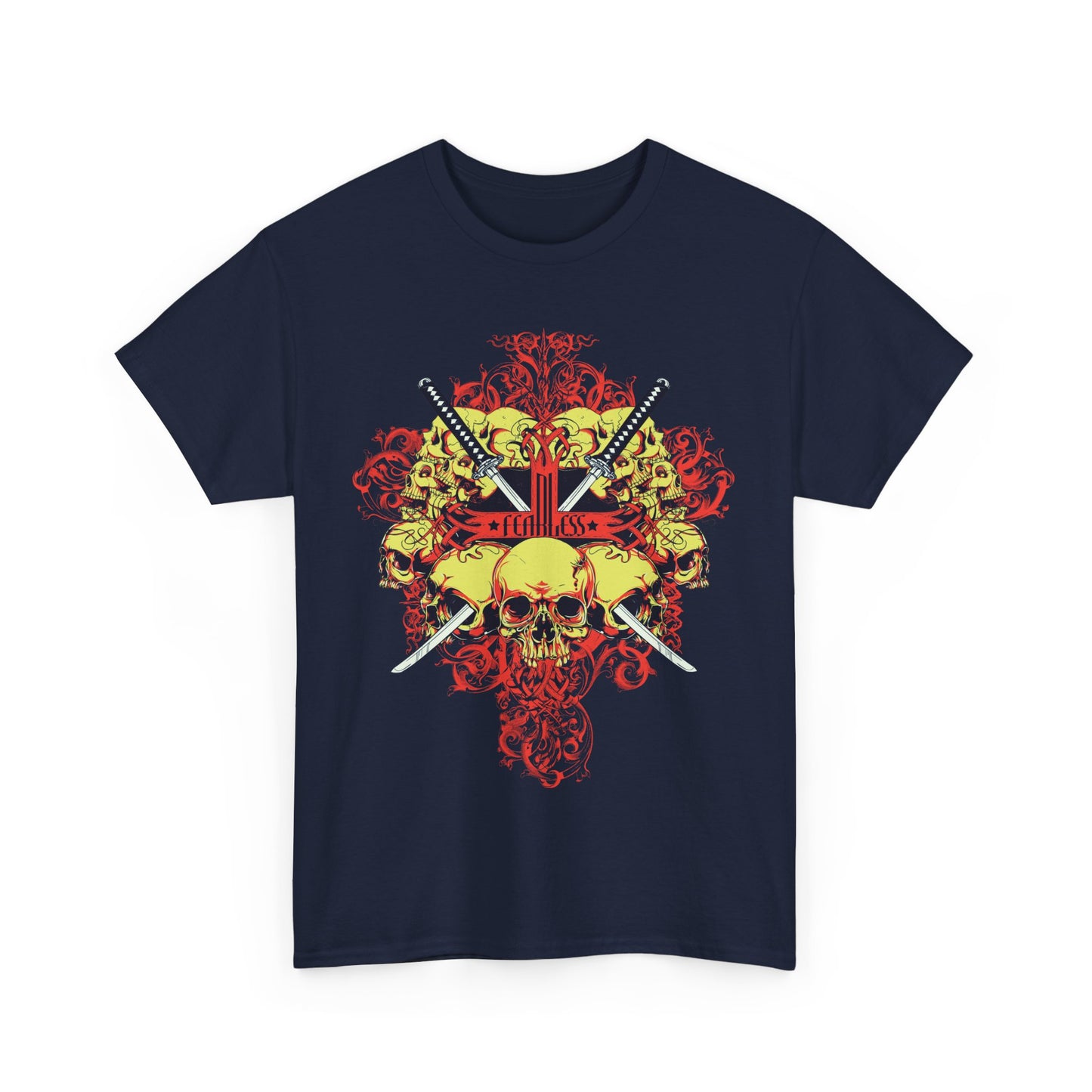 Fearless Samurai Swords Graphic Tee featuring a bold skull design and crossed swords motif, perfect for the modern warrior. A stylish addition to any biker or punk wardrobe.