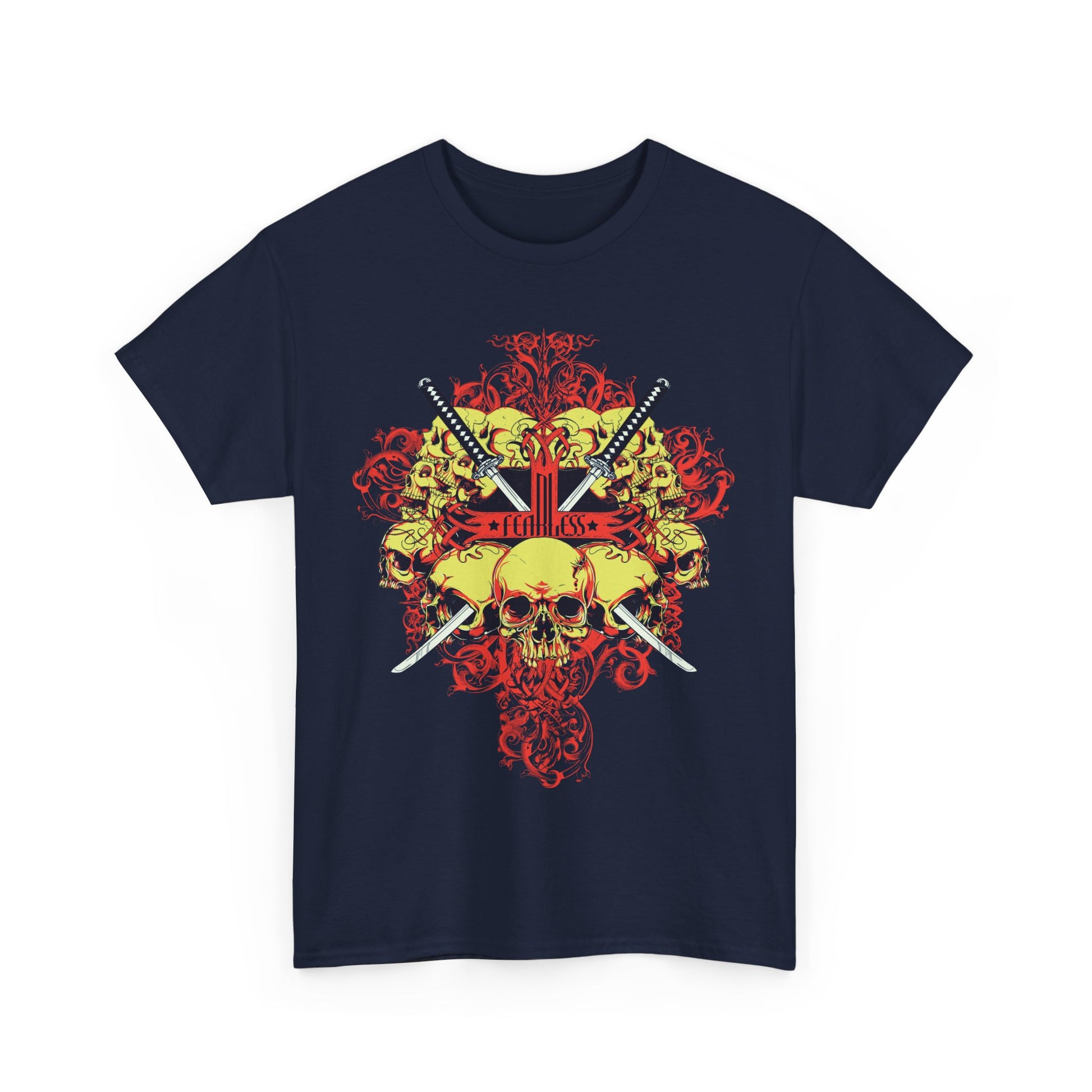 Fearless Samurai Swords Graphic Tee featuring a bold skull design and crossed swords motif, perfect for the modern warrior. A stylish addition to any biker or punk wardrobe.