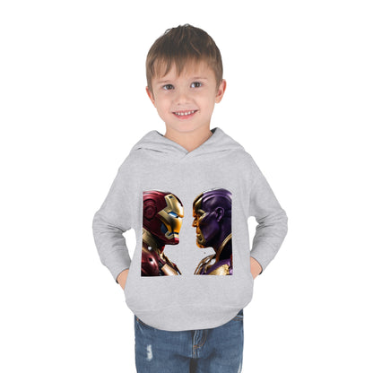 A child wearing the grey Iron Man Vs Thanos Childs unisex Hoodie, displaying the striking graphic of Iron Man and Thanos, designed for children aged 2 to 5 years.