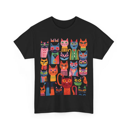 Purrfection Graphic T-Shirt Urban Unisex Cotton Tee displayed in a refined setting, highlighting an intricate design of whimsical cats in a captivating colour scheme.