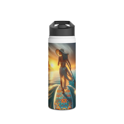 Exquisite Fantasy Paddleboarding Stainless Steel Water Bottle showcasing a graceful silhouette of a woman on a paddleboard at sunset.
