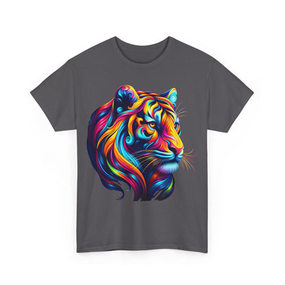 Front view of the vibrant Tiger's Whimsy Graphic Unisex T-Shirt featuring an intricate tiger artwork with a fusion of colourful lines and patterns.