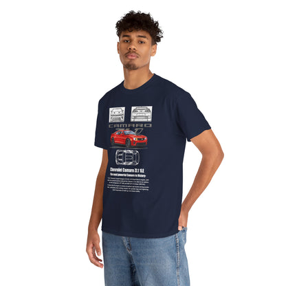 Man modeling a luxurious navy t-shirt showcasing the Chevrolet Camaro ZL1 1LE graphic, combining automotive passion with style.