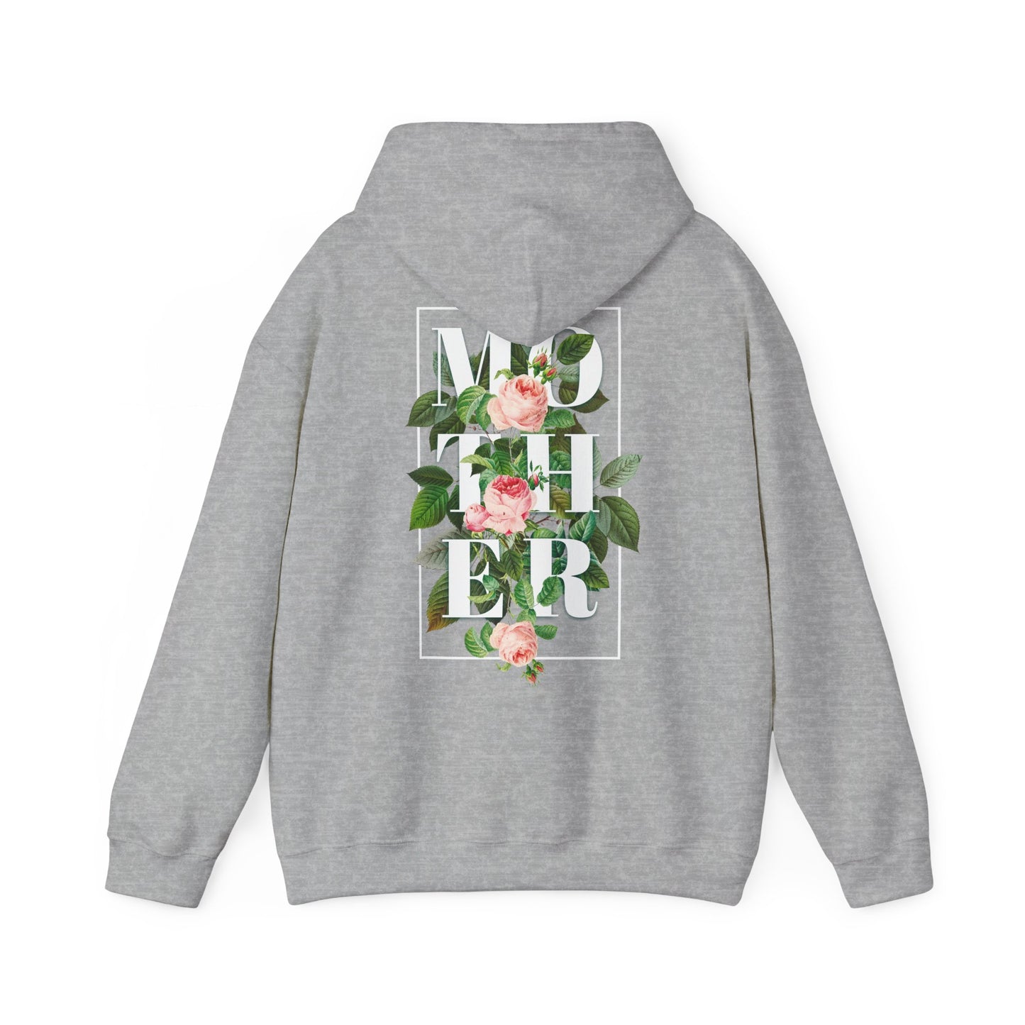 Chic grey hoodie adorned with a bold floral back design, elegantly displaying the word 'MOTHER' intertwined with delicate pink roses and rich green leaves.