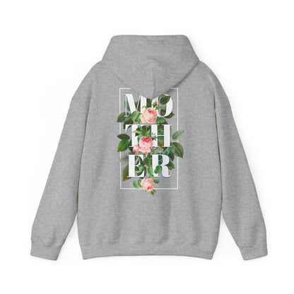 Chic grey hoodie adorned with a bold floral back design, elegantly displaying the word 'MOTHER' intertwined with delicate pink roses and rich green leaves.