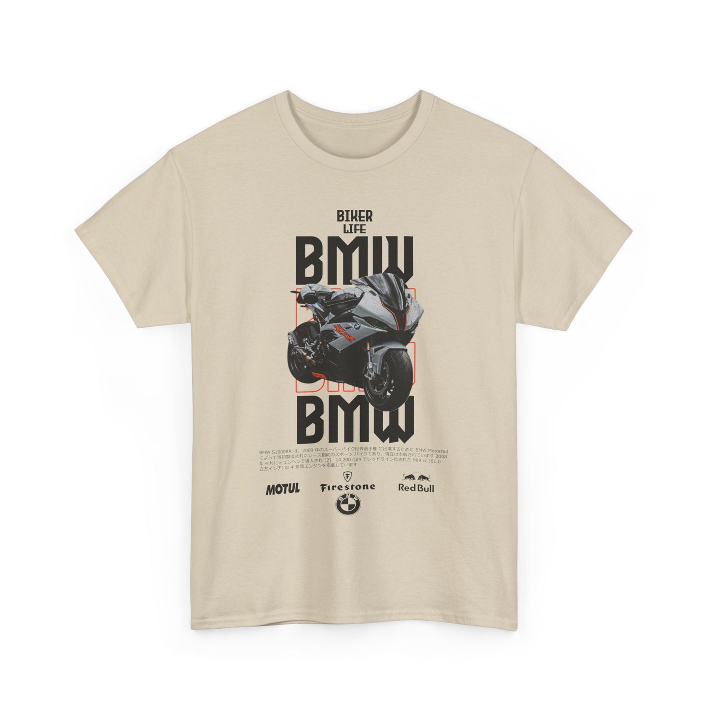 Luxurious beige men's t-shirt featuring a striking BMW motorcycle graphic design and bold typography showcasing 'Biker Life' and brand logos from MOTUL, Firestone, and Red Bull.