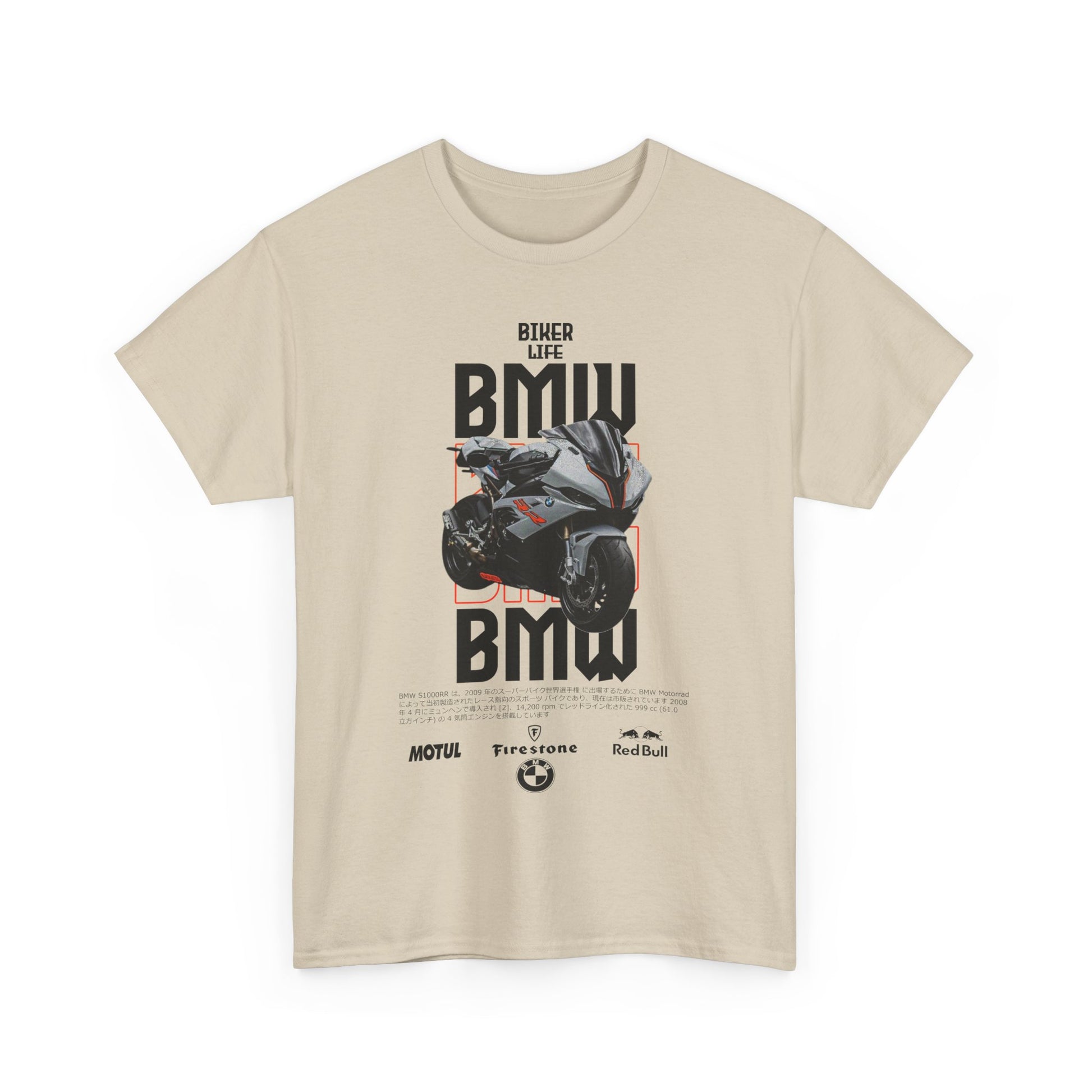 Luxurious beige men's t-shirt featuring a striking BMW motorcycle graphic design and bold typography showcasing 'Biker Life' and brand logos from MOTUL, Firestone, and Red Bull.