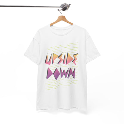 Luxurious hanging graphic t-shirt featuring the 'UPSIDE DOWN' design, capturing a daring and retro vibe for contemporary fashion lovers.