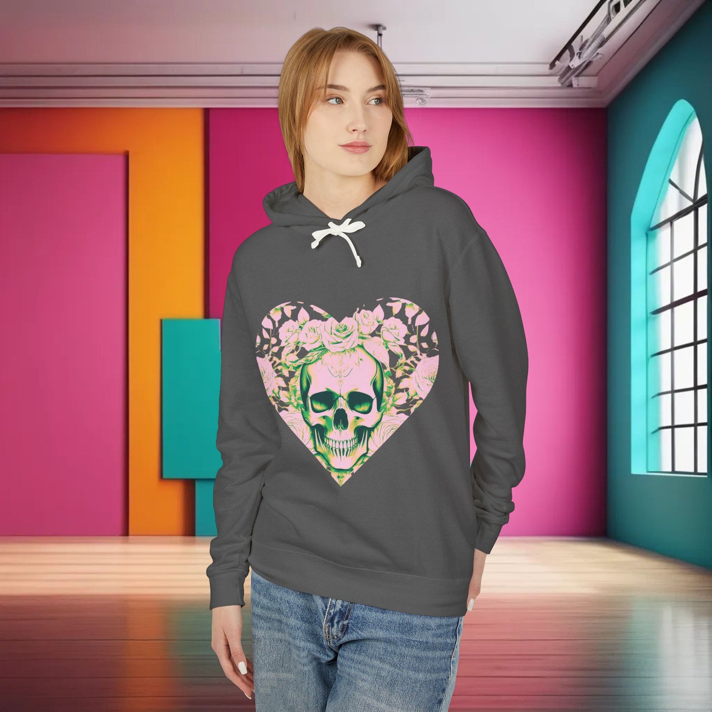 Unisex Lightweight Hooded Sweatshirt unique designer skull and roses