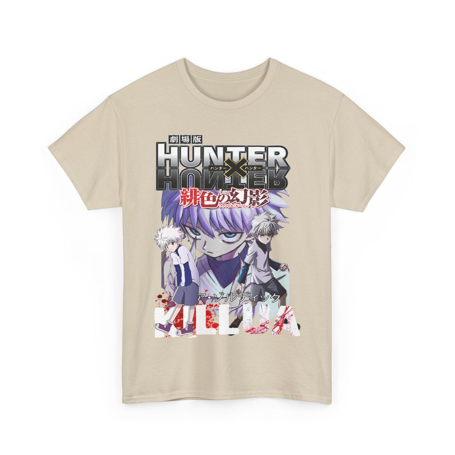Luxurious Hunter x Hunter graphic t-shirt featuring striking artwork of Killua and Gon in a captivating pose, ideal for anime enthusiasts.