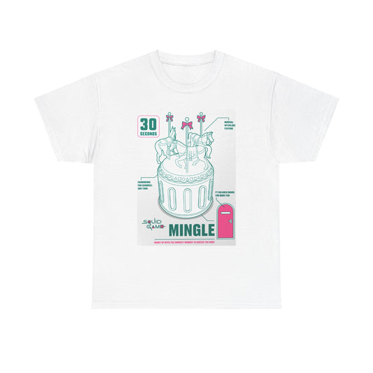 Sophisticated white t-shirt adorned with a unique Squid Game carousel artwork, elegantly illustrating vibrant colours and stylish typography for a standout look.