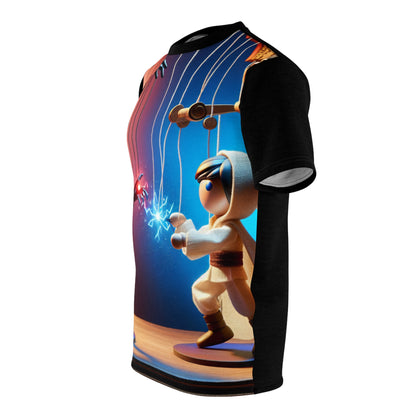 The spirited younger marionette brandishing a striking blue device, embodying hope and vitality on the Epic Duel T-Shirt by Dazzling Dreams Studio.