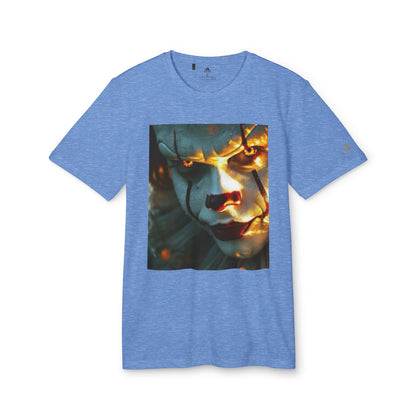 Adidas Unisex Halloween Pennywise Cute T-shirt in a soft blue tone, highlighting a whimsical Pennywise design, perfect for upscale Halloween fashion.