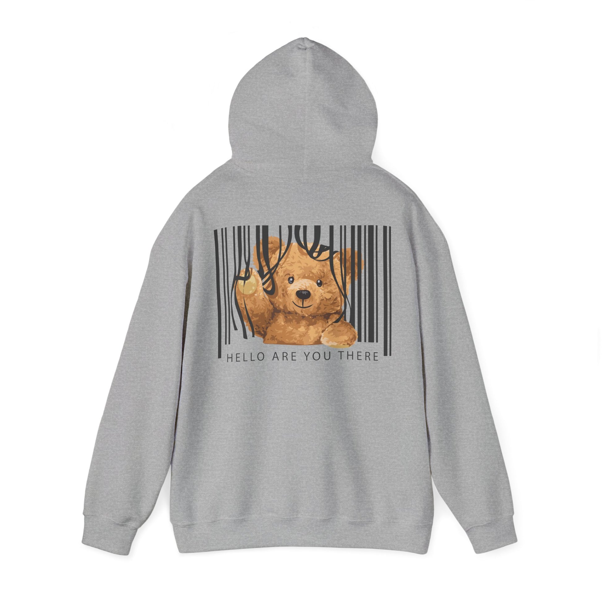 Luxurious grey hoodie featuring a charming teddy bear design nestled within a modern barcode, complete with the phrase 'HELLO ARE YOU THERE' below for a playful touch.