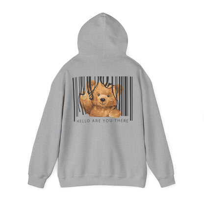 Luxurious grey hoodie featuring a charming teddy bear design nestled within a modern barcode, complete with the phrase 'HELLO ARE YOU THERE' below for a playful touch.