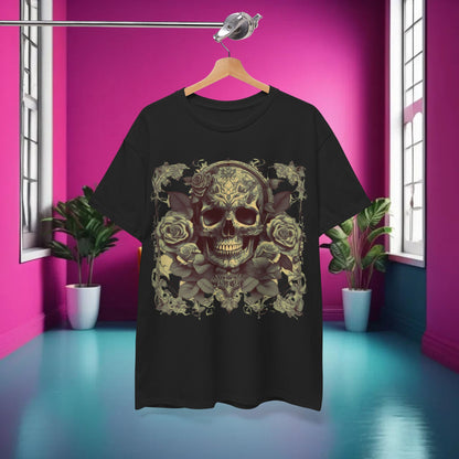 Front view of the Skulls and Roses Cotton Tee showcasing a detailed steampunk-inspired skull and roses graphic, perfect for alternative fashion enthusiasts.