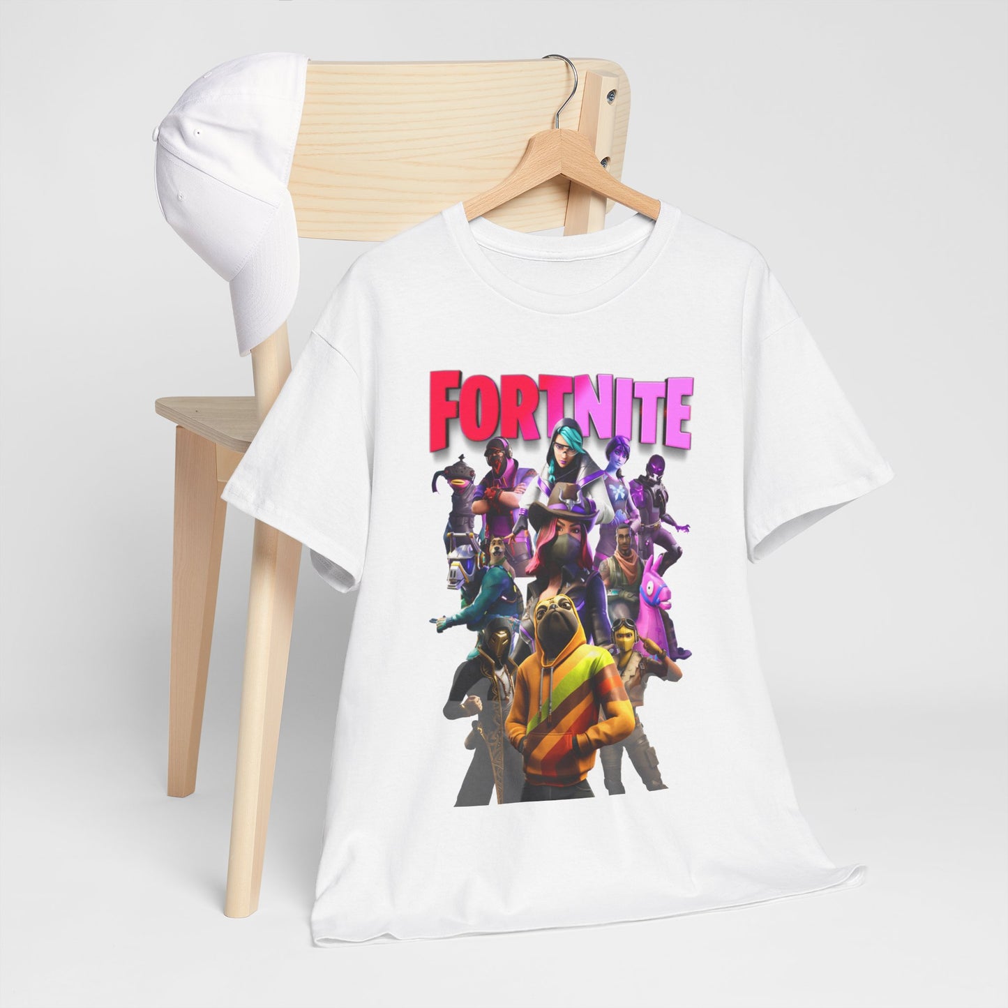 Sophisticated Fortnite Squad Drip T-Shirt elegantly hanging, highlighting eye-catching graphics and dynamic colour palette, perfect for fashion-conscious gamers.
