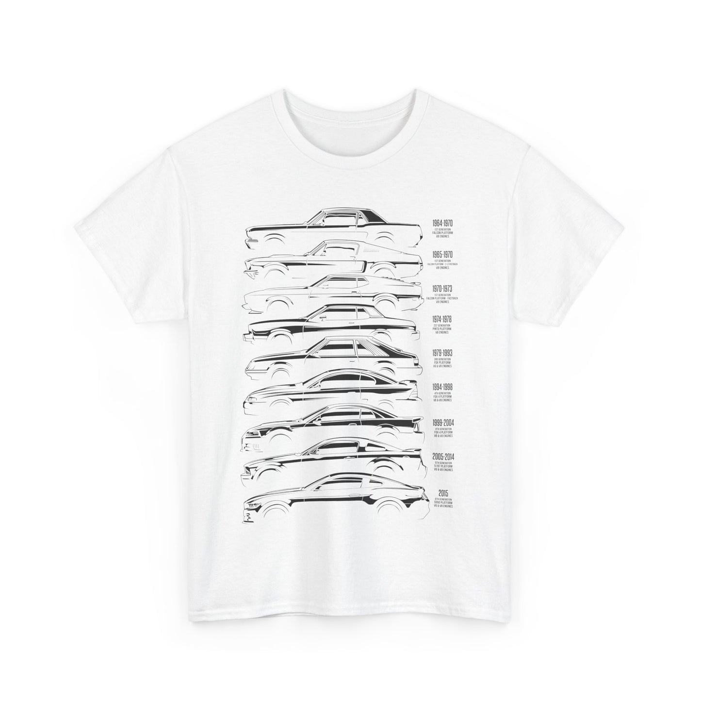 Timeless Ford Mustang Evolution Tee showcasing a vertical timeline of iconic Mustang designs from 1964 to 2015, displayed on a pristine white background, perfect for automotive enthusiasts.