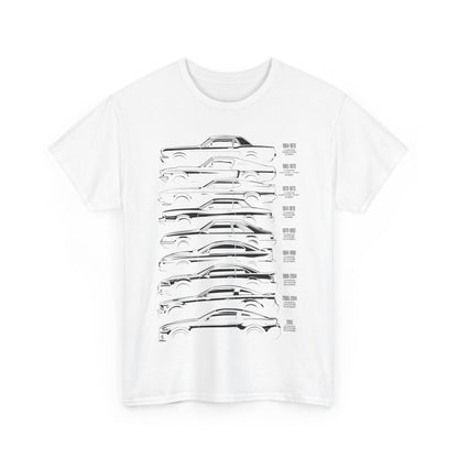 Timeless Ford Mustang Evolution Tee showcasing a vertical timeline of iconic Mustang designs from 1964 to 2015, displayed on a pristine white background, perfect for automotive enthusiasts.