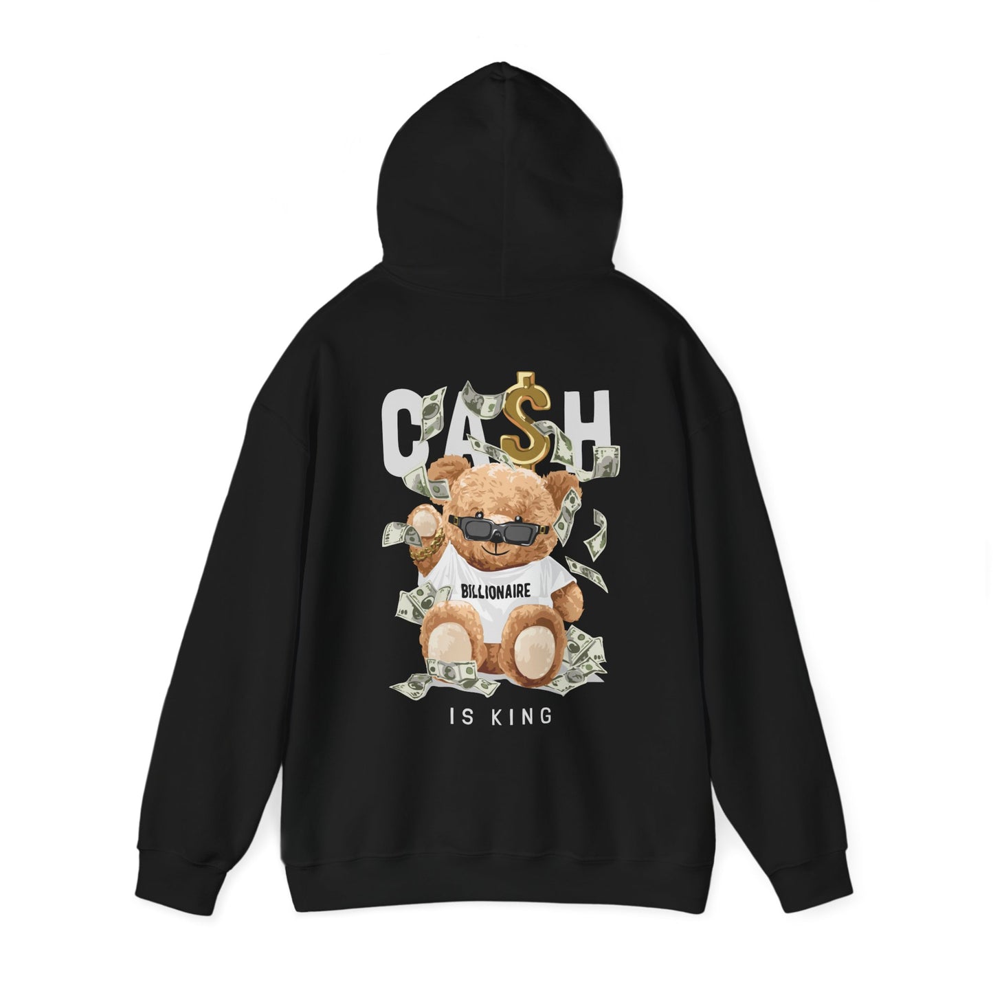 Luxurious black hoodie adorned with an adorable teddy bear in sunglasses, surrounded by currency notes, featuring the bold text 'CASH IS KING', epitomising upscale street fashion.