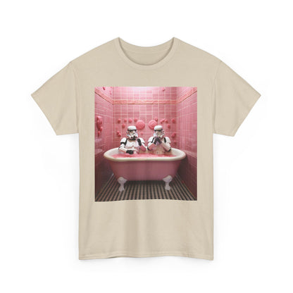 Elegant cream t-shirt presenting a playful imagery of Stormtroopers in a pink bathtub, embodying a blend of humour and sophisticated style.