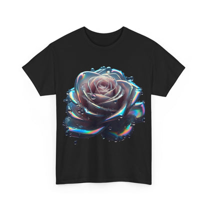 Ethereal Rose Unisex T-Shirt in black with a stunning iridescent rose graphic, complete with glistening droplets, offering an elegant touch to any wardrobe.