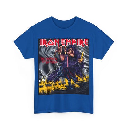 Iron Empire Graphic Tee featuring a Darth Sidious design in vibrant colours, showcasing the tagline 'The Dark Side of the Force'.