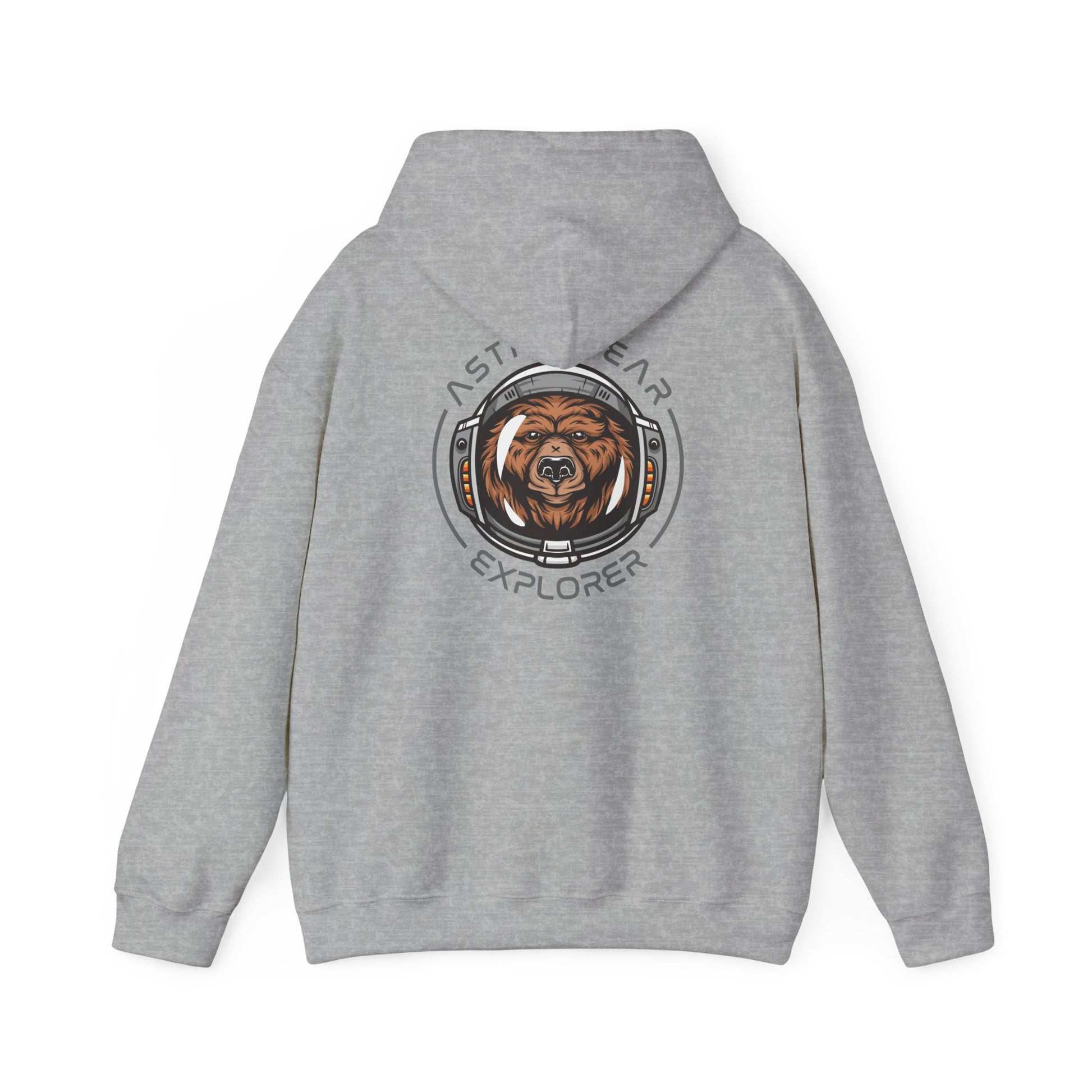 Sophisticated back view of a grey hoodie displaying a whimsical astronaut bear artwork within a sleek frame, merging comfort and style for the modern explorer.