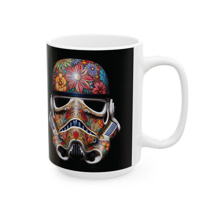 Side view of the Artistic Floral Stormtrooper Mug displaying an exquisite floral pattern on a Stormtrooper helmet, ideal for office decor and unique gifting.