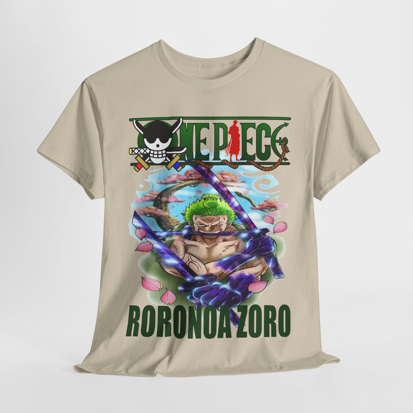 Stylish Roronoa Zoro T-shirt prominently displaying the character's fierce pose, set against a captivating backdrop, ideal for those embracing pirate-inspired fashion.