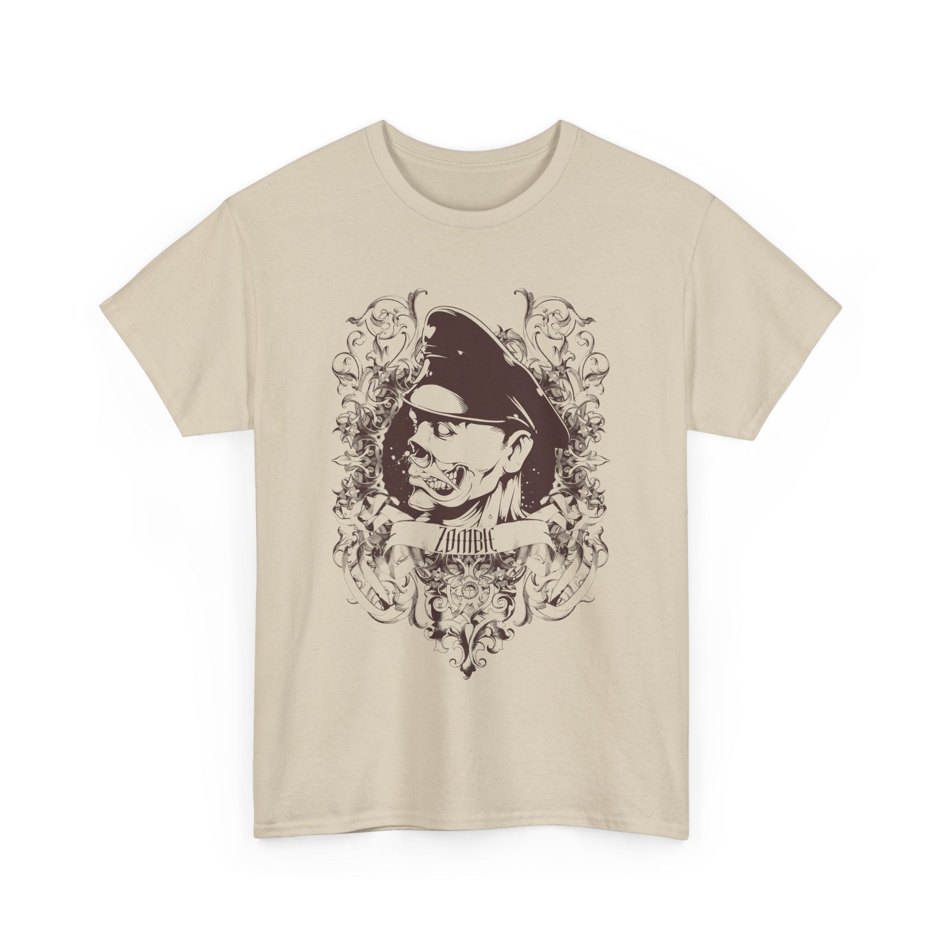 Front view of an elegant beige Men's Zombie Graphic T-Shirt adorned with a striking zombie design and Baroque embellishments.