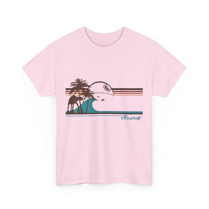 Luxury Tie Fighters Holiday on Serif Star Wars Rebel One Graphic Unisex Tee Shirt showcasing a beautiful palm tree and wave design in soft pink.