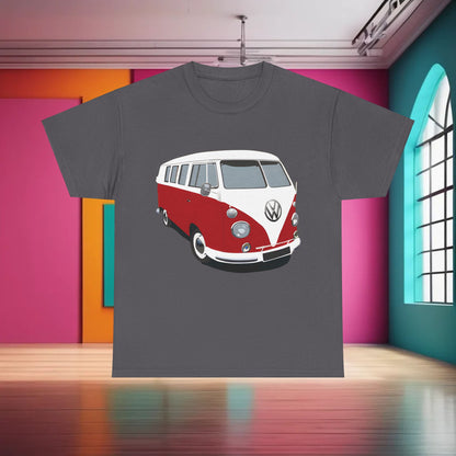 VW Camper Van Graphic T-Shirt Urban Unisex Cotton Tee in grey featuring a stylised red and white Volkswagen Bus illustration, ideal for vintage enthusiasts.