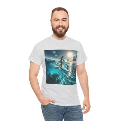 Model wearing the Delightful Paddle Board T-Shirt by Dazzling Dreams Studio, embodying a love for nature and showcasing style at beach gatherings.
