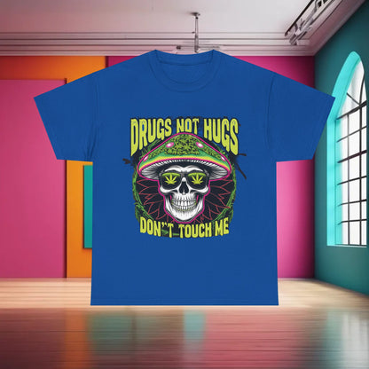 Vibrant blue 420 Cannabis Marijuana Graphic T-Shirt showcasing eye-catching 'Drugs Not Hugs' artwork, ideal for a chic, casual look.
