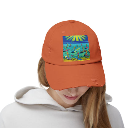Unisex Distressed Paddleboarders Cap worn by a model, featuring a radiant paddleboarding graphic, emphasising luxury and style.