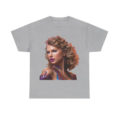 Swifties psychedelic Taylor Swift Heavy Cotton Tee in grey colour displaying a striking portrait of Taylor Swift, a stylish must-have for dedicated fans.