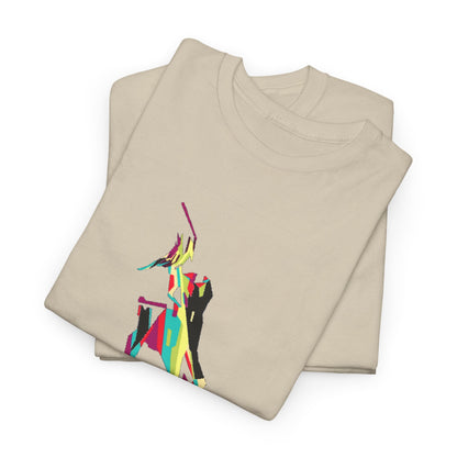 Top view of a luxurious beige graphic t-shirt featuring a vibrant pop art illustration of a stylised female silhouette.