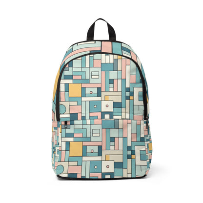 Elegant Geometric Pattern Pastel Backpack by Dazzling Dreams Studio, showcasing stylish pastel shades of powder blue, soft pink, light yellow, and mint green in a trendy modern design.